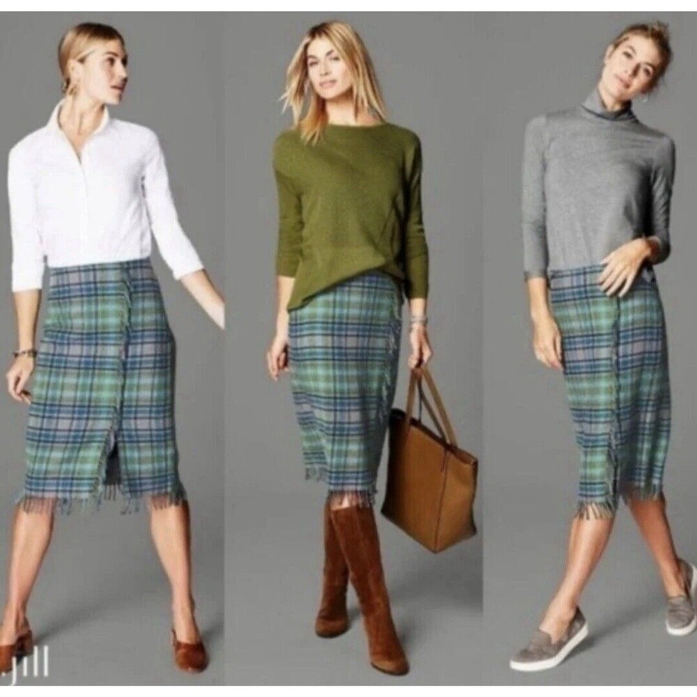 J Jill Wool Blend Tartan Plaid Fringe Wrap Knee Length Skirt Size 8